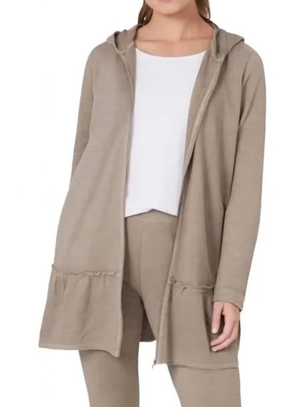 Pure Jill Cotton Ruffle Hem Long Zip Up Hoodie Jacket Tan Sz Large